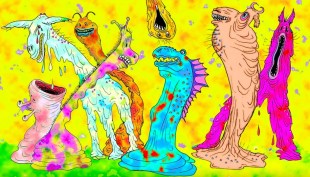 Monster figures in bright colours against a yellow background.