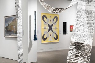 installation view in a gallery of works made with and on paper. Hazelhurst Prize
