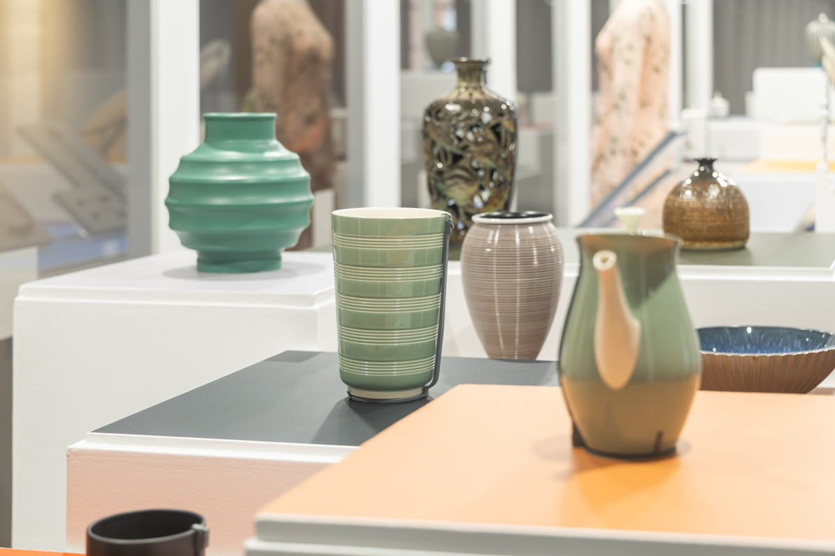 Display of modern ceramics in exhibition. Wedgwood