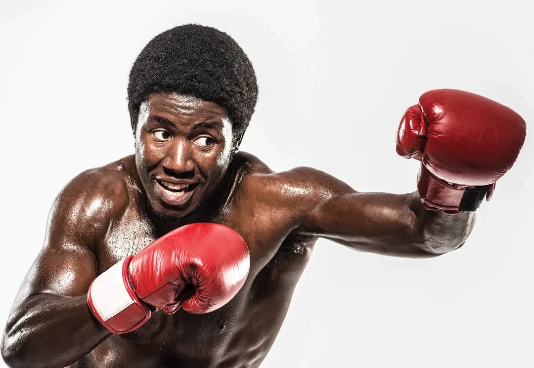 One of the plays being staged as rehearsed readings for the La Boite Encores program: 2015’s visceral ‘Prize Fighter’ by Future D. Fidel. The image shows a young Congolese man wearing boxing shorts and boxing gloves as he throws a punch with his left hand.