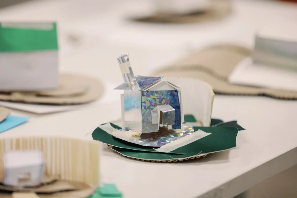 collage paper sculpture of house. School holiday program