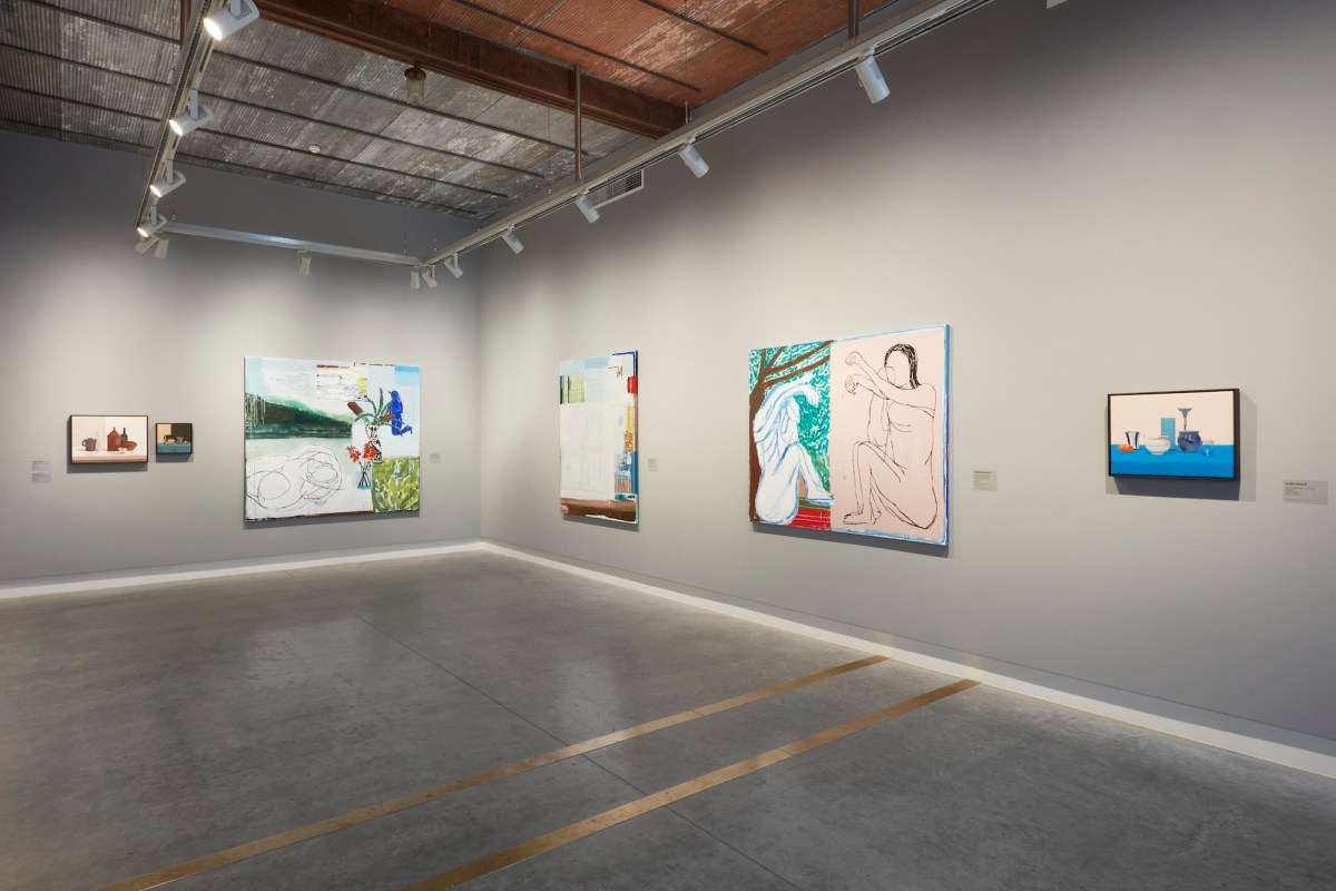 Installation gallery view of small and big paintings paired in bright colours. Tender at Ngununggula