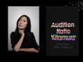 Two panels. On the left is Katie Kitamura, an Asian woman who is wearing black and has one of her hands propped on her chin. On the right is the cover of her book 'Audition.'. The title is in colourful font against a black background.