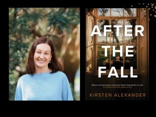 Two panels. On the left is author Kirsten Alexander. She has brown hair and a light blue top and is smiling. On the right is the cover of her book 'After the Fall.' It features a window, through which you can see a landscape.