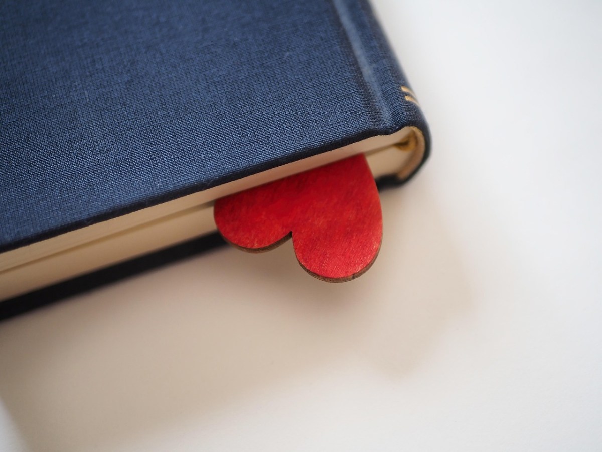 An upside down red heart is peeking from the pages of a blue book.