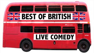 an illustration of a double decker red London bus with the words BEST OF BRITISH and LIVE COMEDY written on the side.