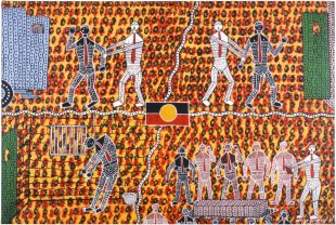 A four-panel art work of a figure being arrested, sent to prison, committing suicide and being buried. There is an Aboriginal flag in the centre of the panels. Death in Custody. Robert Campbell Jnr.