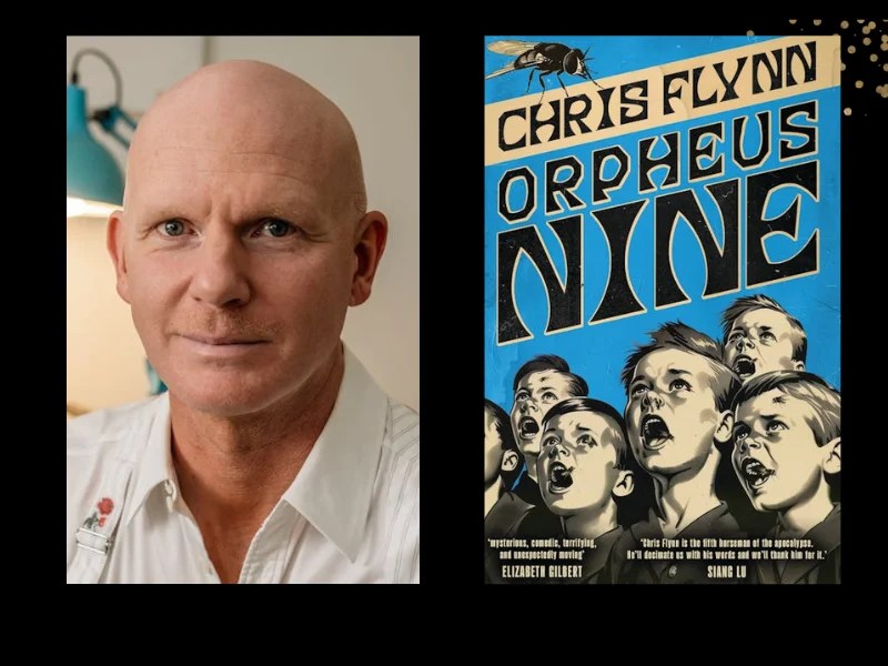 Two panels. On the left is author Chris Flynn, who is bald and wearing a white shirt. On the right is the cover of his book, 'Orpheus Nine.' Against a blue background there is a black and white illustration of children with their mouths open.