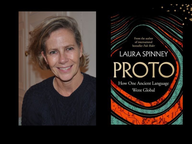 Two panels. On the left is author Laura Spinney who has short blonde hair and is wearing a black top. On the right is the cover of her book 'Proto". It has orange and blue rings around the title.