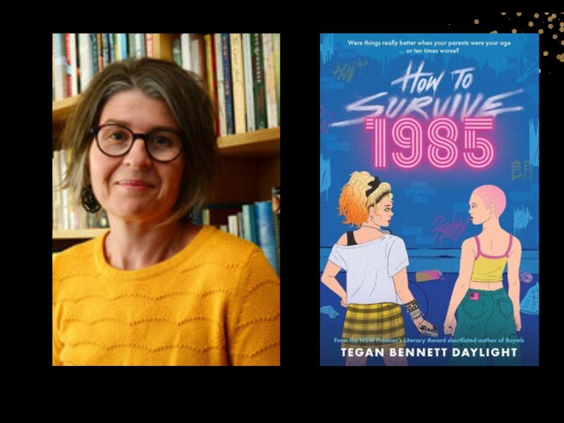 Two panels. On the left is a woman with short brown hair wearing a yellow jumper and glasses. She is staying against a bookshelf. On the right is the cover of a book 'How to Survive 1985' that features an illustration of two teenage girls.