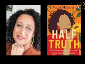 Two panels. On the left is of a curly haired woman smiling. On the right is the cover of her book 'Half Truth' that features an illustration of a curly hair woman with a red dress, There are no features on her face.
