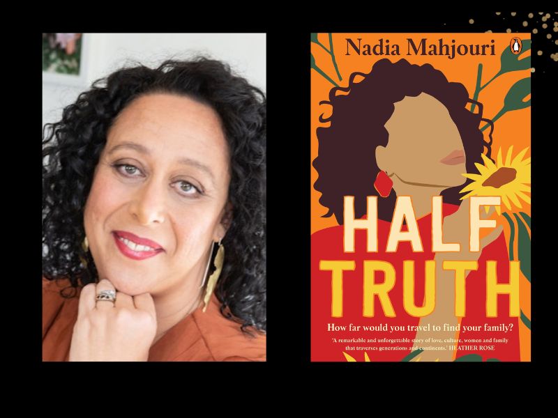 Two panels. On the left is of a curly haired woman smiling. On the right is the cover of her book 'Half Truth' that features an illustration of a curly hair woman with a red dress, There are no features on her face.