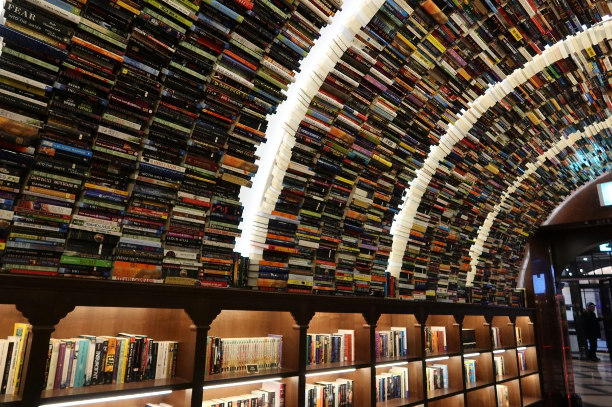 A bookshop/libary with books also shelved in overhead arches.