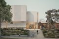 The planned redevelopment of Bendigo Art Gallery will be one of the largest civic expansions the city has ever undertaken. The image shows a rendering of the new, expanded gallery: a large white cube-like building side by side with the older, Victorian-era, red brick original Gallery. A flight of white steps lined by native plants and gum trees lead up to the main doors; an access ramp is also pictured.