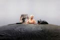 A scene from STC's 2025 production of Beckett's 'Happy Days'. A woman with her bottom half hidden in a mound of dirt. There's a black plastic bag next to her, and on her other side is man with his back to us, holding up a newspaper. He too is visible only from his waist up.