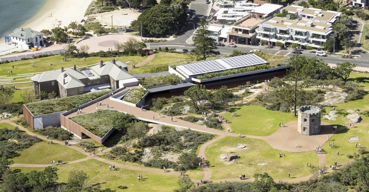 An artist's impression of a rejuvenated La PErouse Museum, featuring contemporary buildings embedded in the green landscape by the coast.