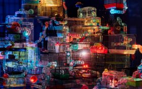 cages for small pet animals stacked on top to each other with colourful lights shining on them. The image appears playful.