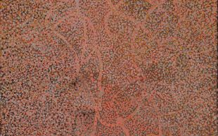 An Aboriginal dot painting with earthy tones.