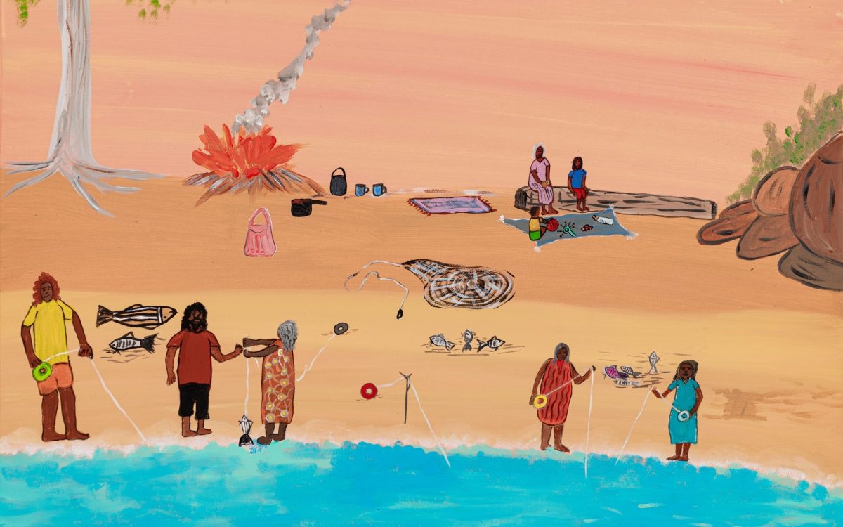 A painting of little figures camping by the beach in a naive style.