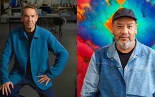 Two photos of the Visiting Creatives artists collaged together side by side. On the left is Jeff Koons, a white middle-aged man wearing a blue long sleeve collared shirt. On the right is Jeffery Gibson, a middle-aged Native American man with a gray beard, gray hat, blue shirt, standing in front of a work with a diamond shape in psychedelic colours of blue, orange and red.