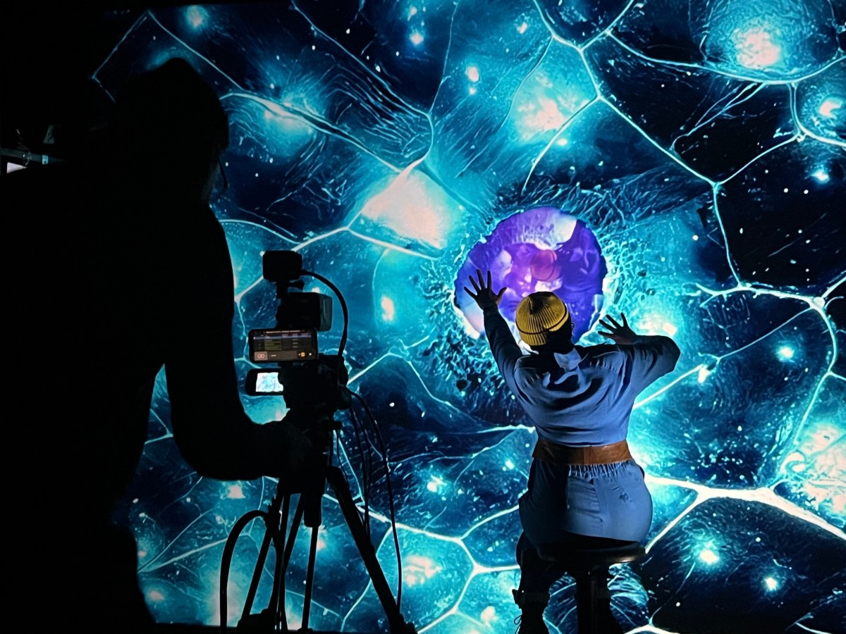 A rear view of a person wearing a jumpsuit and a yellow beanie; they are looking at bright blue sculptural globules. A camera trained on them.