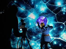 A rear view of a person wearing a jumpsuit and a yellow beanie; they are looking at bright blue sculptural globules. A camera trained on them.