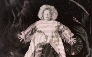 A detailed crop from a painting depicting a woman floating in a dark space with her arms outstretched and objects surrounding her.