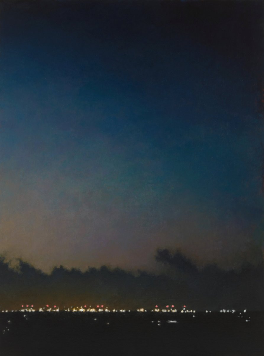 Painting of a landscape looking forwards lights in the bay on the distance, at dusk.