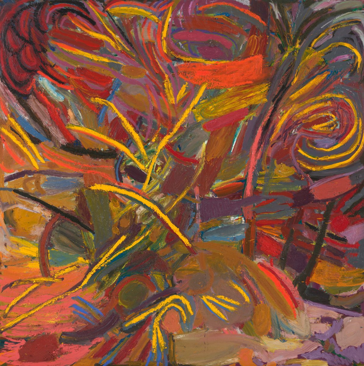 Abstract painting of expressive lines and vibrant colours.