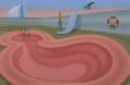 A large pink, kidney swirl swimming pool painted by artist Lucy O’Doherty for her current exhibition.