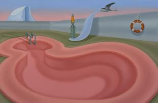 A large pink, kidney swirl swimming pool painted by artist Lucy O’Doherty for her current exhibition.