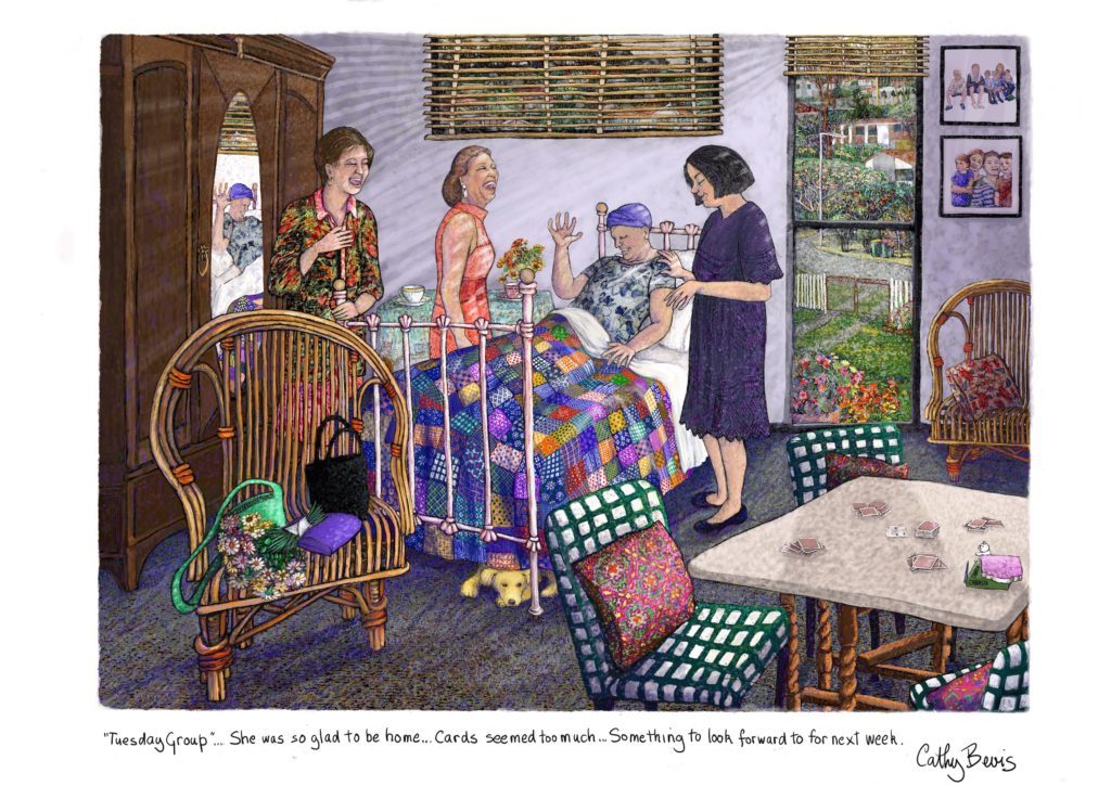 A drawing of three women standing near another woman, who is lying in bed. They are all laughing.