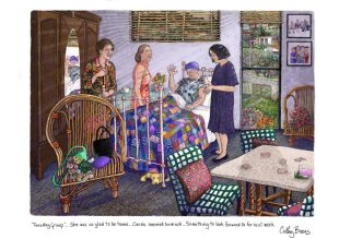 A drawing of three women standing near another woman, who is lying in bed. They are all laughing.