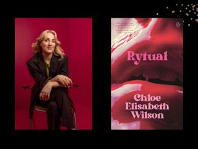 Two panels. On the left is a woman sitting down against a red background. She has wavy blonde hair and is dressed in black. On the right is the cover of a book, 'Rytual'. It has a close up of glistening red lips.