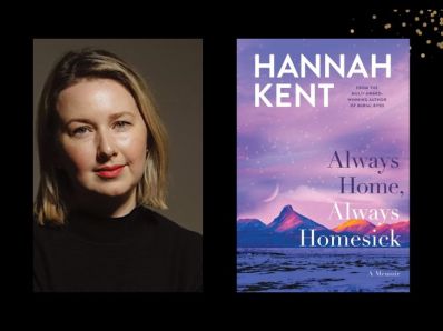 Two panels. On the left is a blonde woman wearing black. On the right is the cover of ther book 'Always Home, Always Homesick.' It features mountain ranges in shades of mauve.