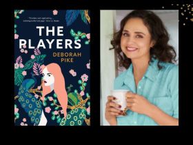 Two panels. On the left is he cover of a book, 'The Players'. It has an illustration of a woman with orange hair against foliage. On the right is author Deborah Pike. She has wavy brown hair and is wearing a mint coloured shirt and holding a white mug.