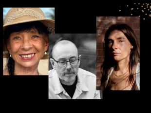 Three panels: A smiling woman in a straw hat, a black and white photo of a bald man with glasses and a 3/4 view of a woman in dappled light.