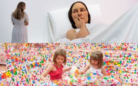 Two photos of art installations. Top is a larger-than-life realistic sculpture of a woman lying in bed with a contemplative expression. The bottom shows two children playing in a room filled with colour dots. Shown at Brisbane Gallery of Modern Art.