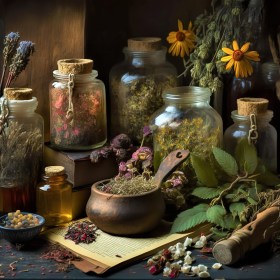 A collection of apothocary jarred herbs and tinctures, an example of cottagecore.
