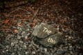 The words 'The End' is chalked onto a stone. Smaller stones are around it.