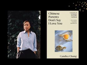 Two panels. On the left is a photo of an Asian woman wearing a white shirt and black pants. On the right is the cover of her book, 'Chinese Parents Don't Say I Love You.'