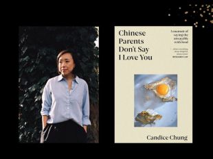 Two panels. On the left is a photo of an Asian woman wearing a white shirt and black pants. On the right is the cover of her book, 'Chinese Parents Don't Say I Love You.'
