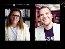 The image combines two photos: on the left is a female-presenting person wearing a butter-yellow blazer and black glasses stands smiling in front of a bookcase. On the right, a male presenting person wearing a graphic T-shirt and a beige blazer smiles at the camera; he is standing in front of a different bookcase.