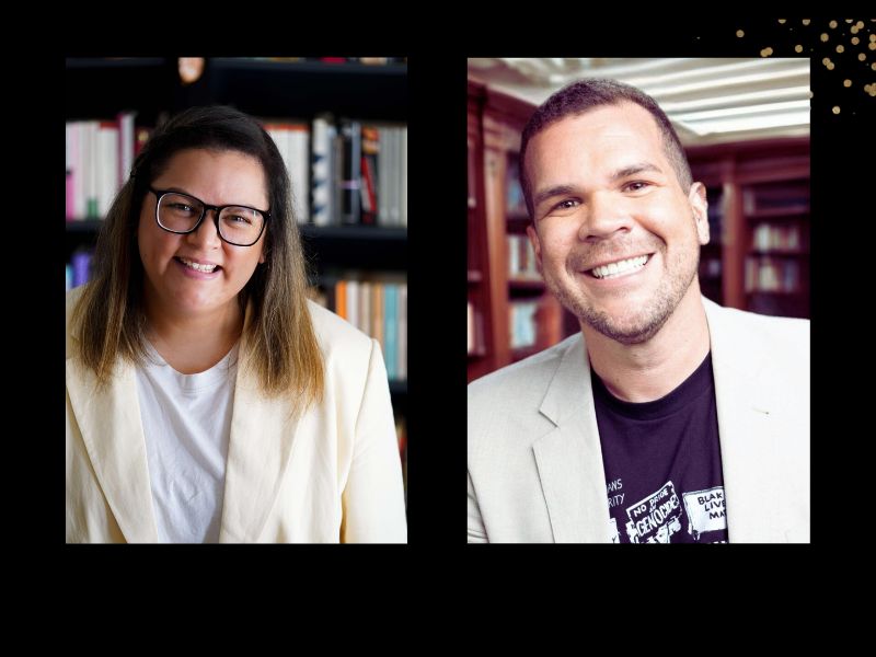 The image combines two photos: on the left is a female-presenting person wearing a butter-yellow blazer and black glasses stands smiling in front of a bookcase. On the right, a male presenting person wearing a graphic T-shirt and a beige blazer smiles at the camera; he is standing in front of a different bookcase.