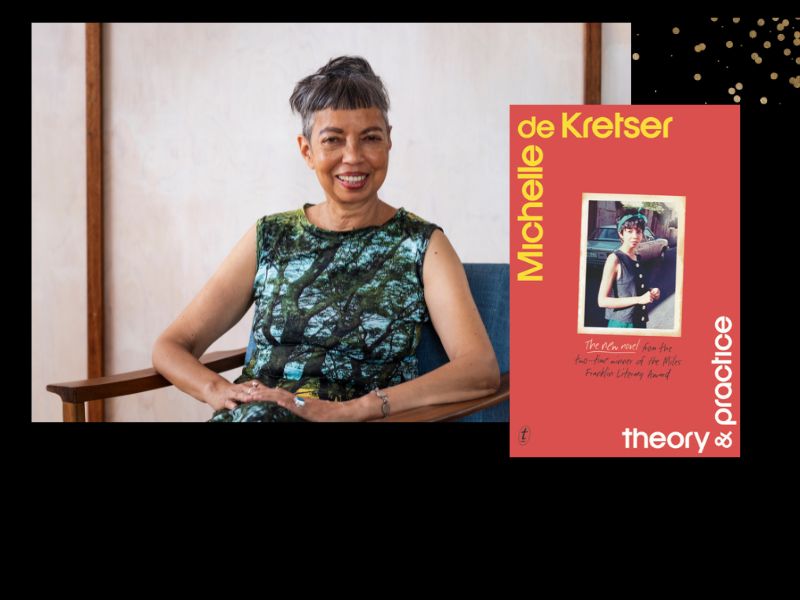Two panels. The larger one features a woman with short grey hair wearing a blue-green top. The smaller panel is the cover of a book, with a red background and a snapshot of a young woman wearing a black top.