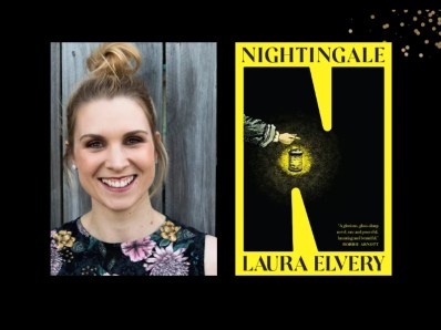 Two panels. On the left is Laura Elvery, a young woman with her fair hair tied up in a bun. She is wearing a floral top and is smiling. On the right is the cover of the book, 'Nightingale.' Against a yellow background it features a woman holding a lamp against a big letter N in black.