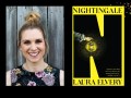 Two panels. On the left is Laura Elvery, a young woman with her fair hair tied up in a bun. She is wearing a floral top and is smiling. On the right is the cover of the book, 'Nightingale.' Against a yellow background it features a woman holding a lamp against a big letter N in black.