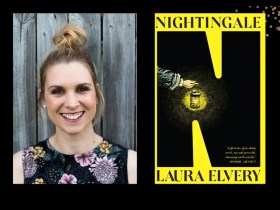 Two panels. On the left is Laura Elvery, a young woman with her fair hair tied up in a bun. She is wearing a floral top and is smiling. On the right is the cover of the book, 'Nightingale.' Against a yellow background it features a woman holding a lamp against a big letter N in black.