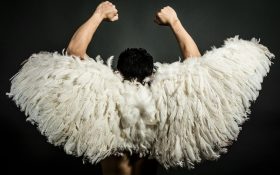 A performer wearing feathery wings with their back turned to the camera, holding both arms up in a powerful posture.