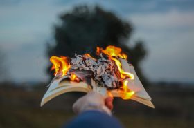 A hand holding a burning book away from the camera towards a tree.